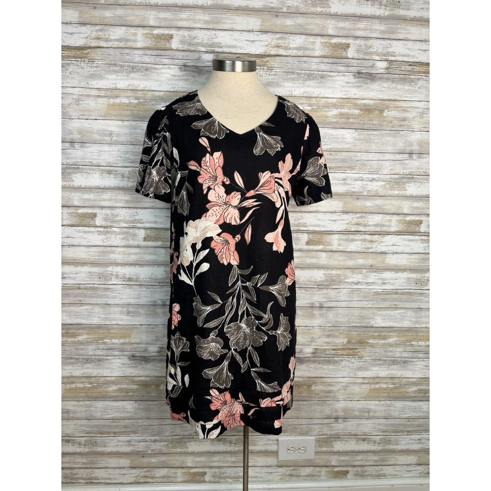 Nicole Miller Shift Shirt Dress Linen Blend Black Floral V-Neck Tropical Beach M